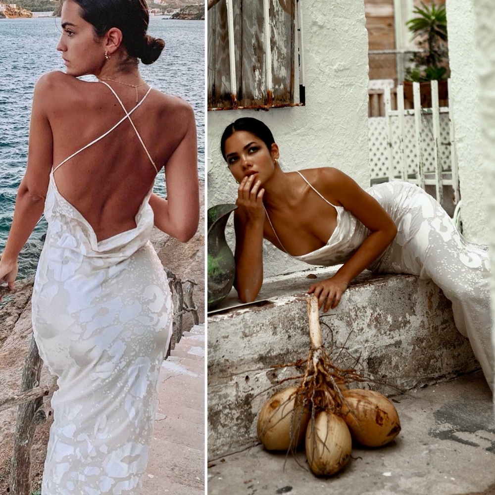Rat & Boa Ivory Satin Devore Cowl Neck Primrose Maxi Dress